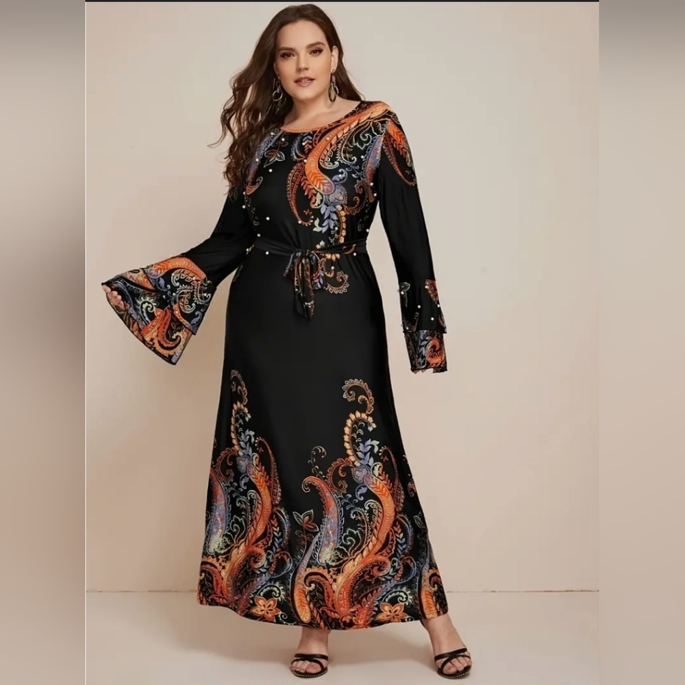 'Shein' Plus Size Floral Print Beaded Pearl Bell Sleeve Maxi Dress, Women's Plus